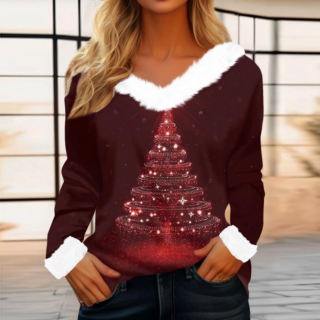 Kadın Günlük Moda Uzun Kollu Noel Baskılı Flanel Yakalı Üst
