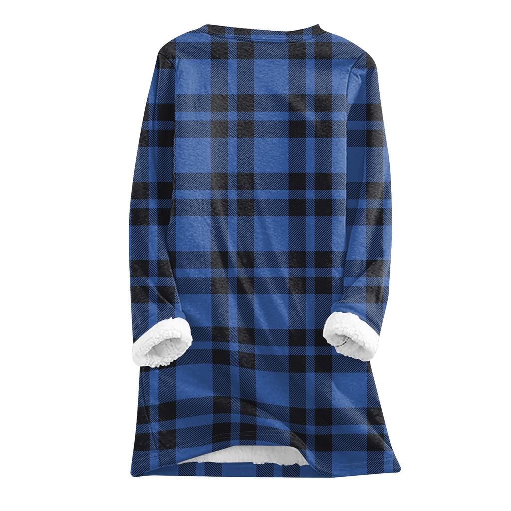 Women's Fashion Plaid Print Round Neck Long Sleeve Plush Winter Warm Pullover Top