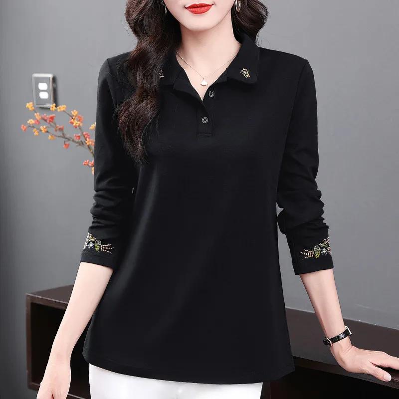 Women's Spring and Autumn Plus Long Sleeved Slimming T-shirt with Exquisite Design and Simple Base Polo Shirt