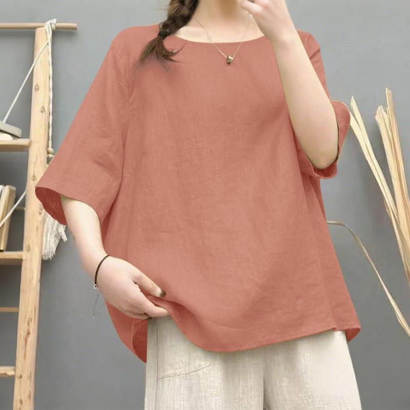 

ZANZEA Женская повседневная хлопковая блузка с круглым вырезом и рукавом 3/4 S