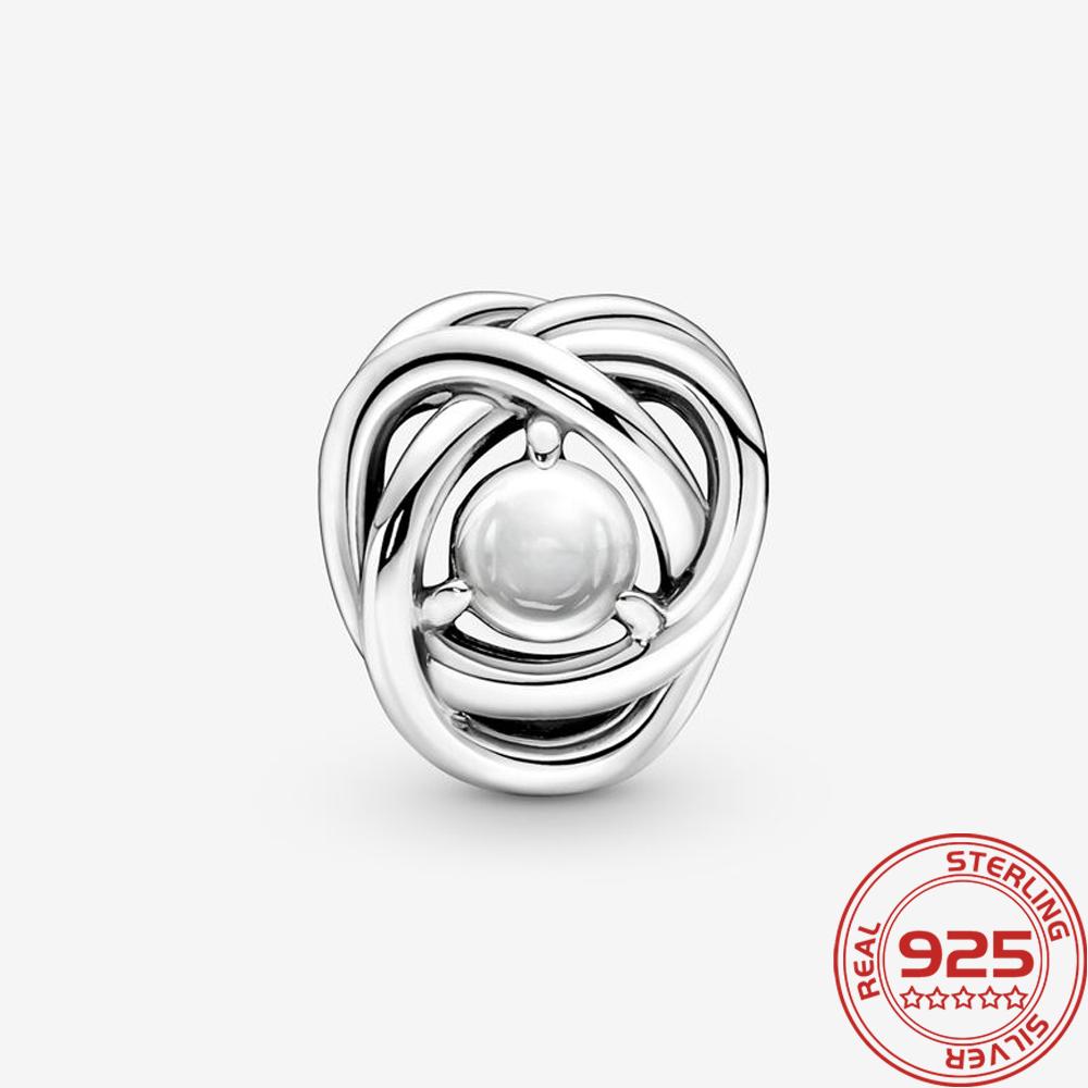 New S925 Sterling Silver Charm Fit Fashion Bracelet March Birthstone Openwork Eternity Circle Charm DIY Memory Day Jewelry Gift