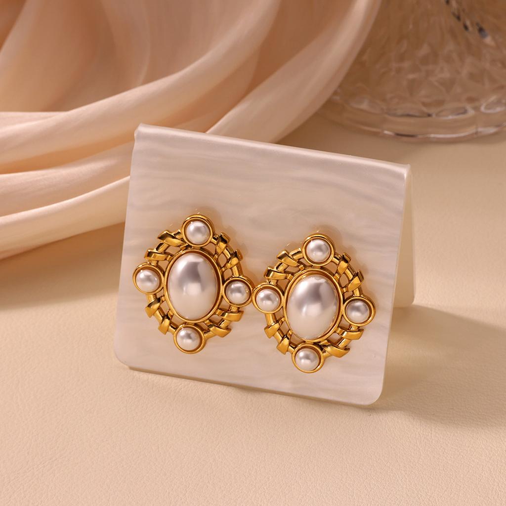 Vintage Geometric Pearl Earrings For Women Gold Color Stainless Steel Earring Hypoallergenic Retro Boho Wedding Jewelry Gift