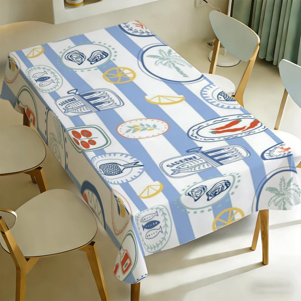 Blue White Striped Seafood Rectangle Tablecloth for Table Decor Washable Fruit Lemon Print Kitchen Dining Table Cloth for Party