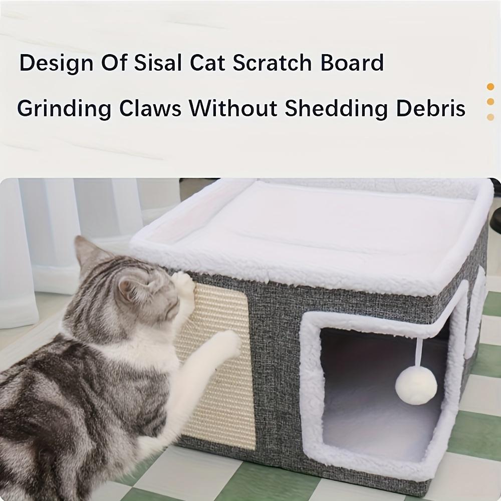 Luxury Double-Layered Cat Bed - All-Season Enclosed Nest with Sisal Scratching Board & Non-Slip Base, Includes Mat - Grey