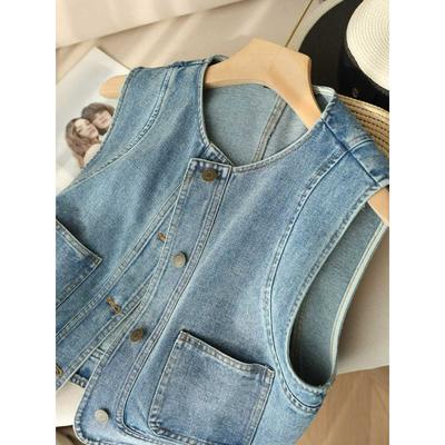 All-match Stacked Denim Vest Women's Spring and Summer Loose Short Small Sleeveless Jacket Casual Top
