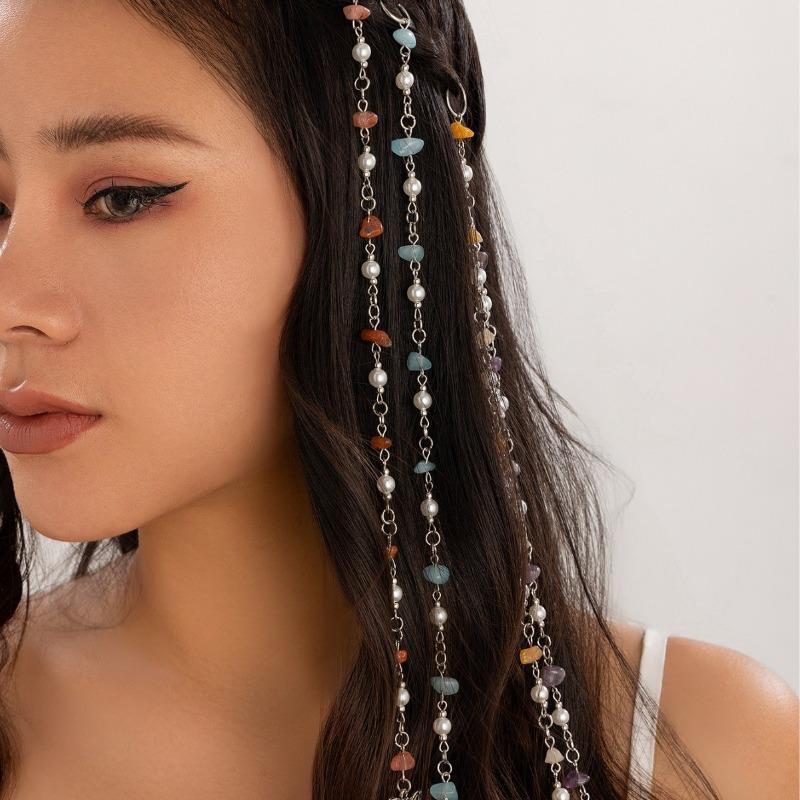 Punk coloré pierres naturelles tresse chaînes anneaux de cheveux pour filles lune étoiles pendentif Imitation perle perlée gland bandeau cheveux bijoux accessoires