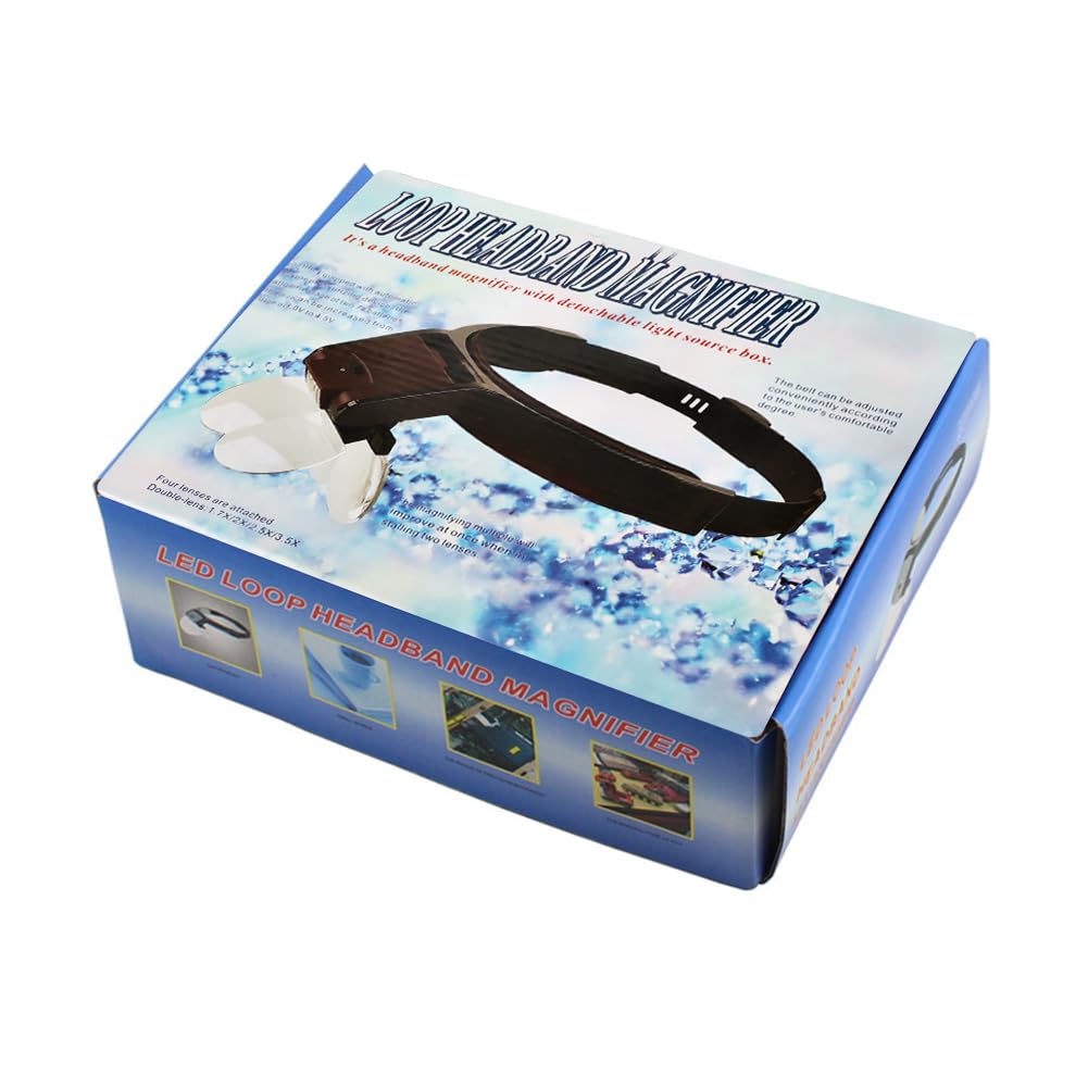 Headband Magnifier Head Mounted Magnifier with LED Light 2 Lights High Power Optical Magnifier with 6 Acrylic Lenses Adjustable Magnifying Glasses