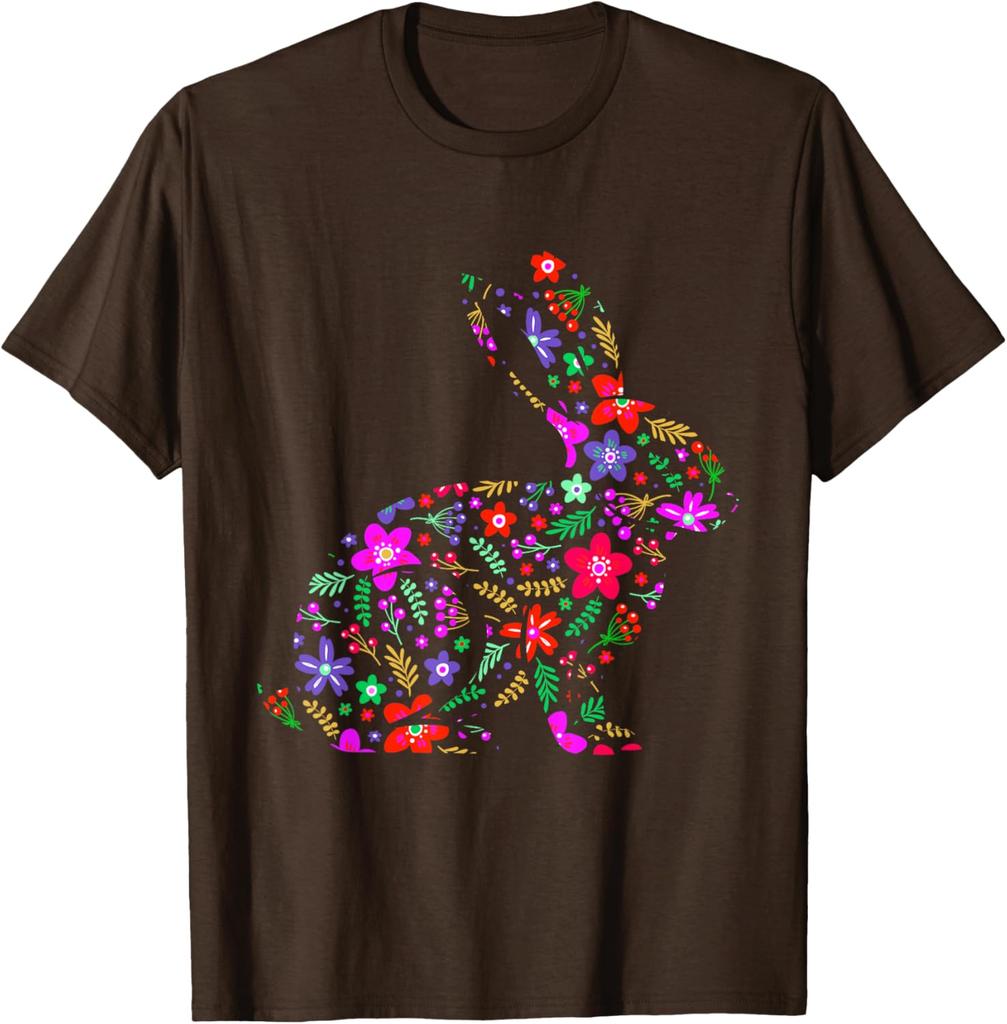 Floral Easter Bunny Rabbit Silhouette Spring Flowers Graphic T-Shirt Men Casual Trip