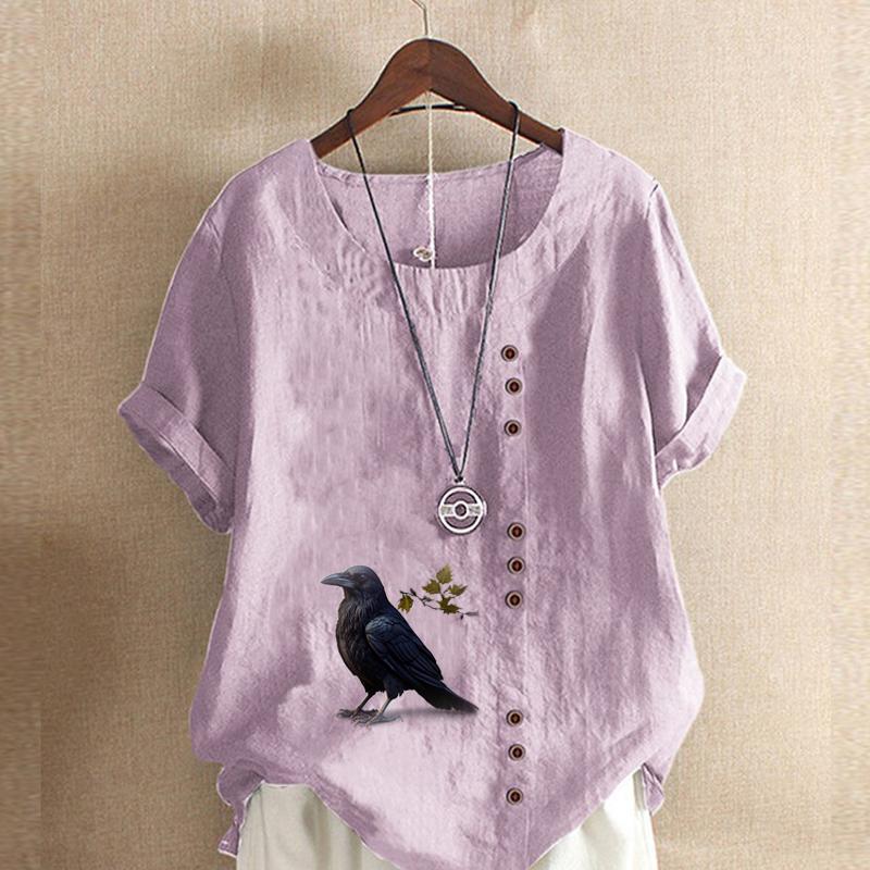 Damska Moda Okrągły Dekolt Krótki Rękaw T-shirt Casual Bawełna Len Koszulka z Graficznym Nadrukiem Rekreacyjna Luźna Krucza Bluzka Letnia Top