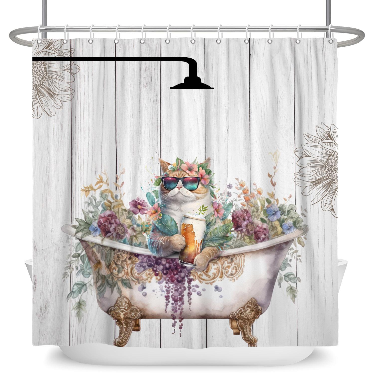 

Funny Bath Cat Shower Curtain Kids Bathroom Decoration Home Bathtub Privacy Partition Hanging Waterproof Polyester Material W60H190(CM)-1 Pcs