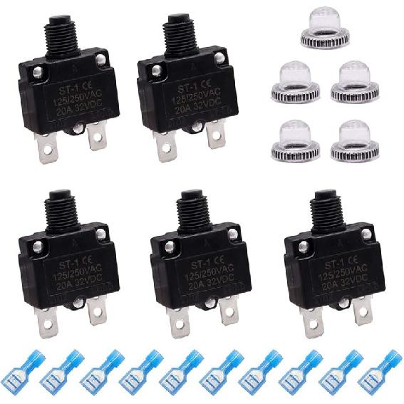 Mxuteuk 5Pcs 3,5,10,15,20Amp Circuit Breakers Push Button Manual Reset 125/250V AC 32V DC,Overload Protector Switch Thermal Circuit Breakers With