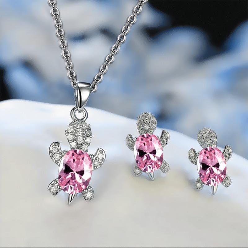 Elegant Turtle Necklace and Earring Set with Full Diamond Design