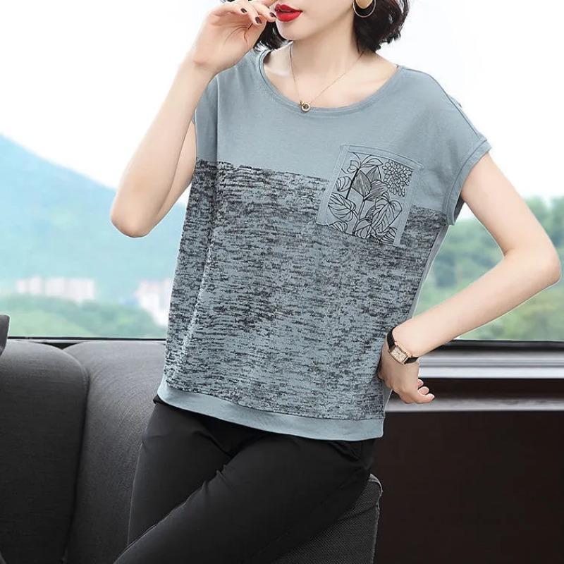 T-shirt Donna Cotone Estate Casual Taglia Larga Ampia Girocollo Pullover Manica Corta Top