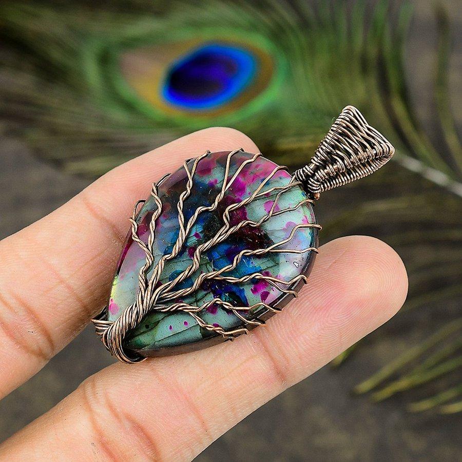 Natural Multi Labradorite Gemstone Copper Wire Wrap Gift Pendant 2.40" P5b91