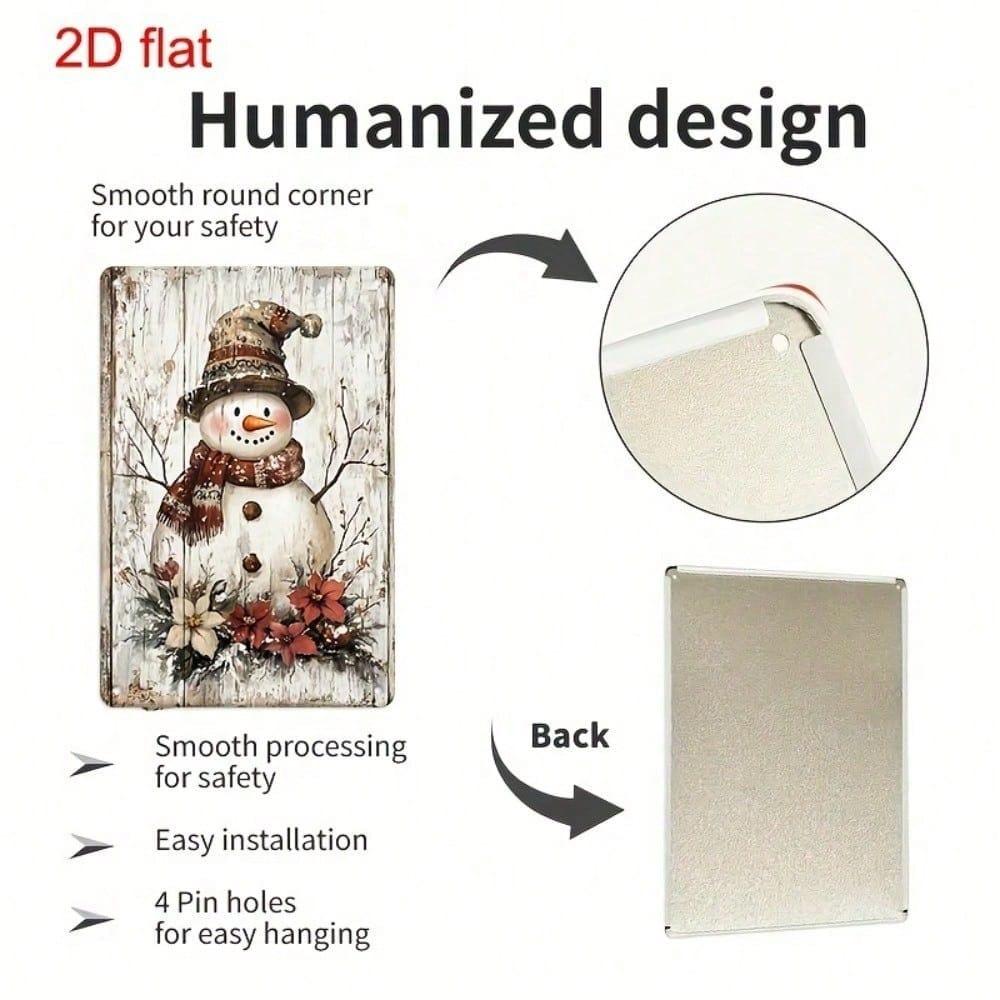 Vintage Snowman Floral Metal Sign 7.9x11.8in, 2D Tin Plaque, Durable Pre-Drilled Wall Decor for Garden/Office