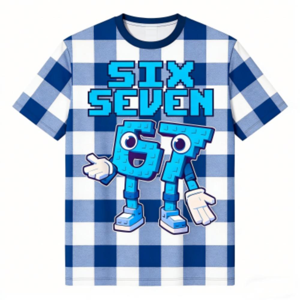 Fashion Kids T-Shirt 67 Six Seven Grid Print Boy and Girl Tees Top Summer Short Sleeve O Neck Casual Outdoor Kids Clothing