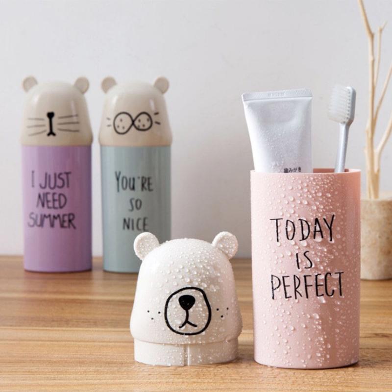 Wash Cup Travel Portable Cartoon Bear Couple Toothbrush Organizer Mouth Cup Tooth Brush Storage Box Bathroom Organizer