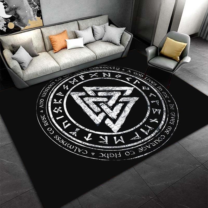 Viking Valknut Symbol Carpet with Runes, Black Nordic Decor Rug Suitable for use as an anti-slip for living room bedroom sofas