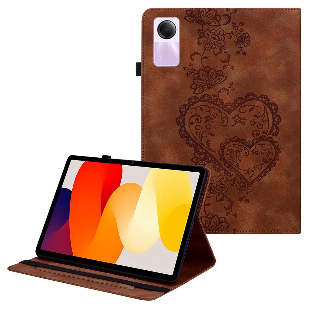 For Xiaomi Redmi Pad SE Leather Case Heart Imprint Foldable Stand Card Slot Stylus Holder Tablet Cover