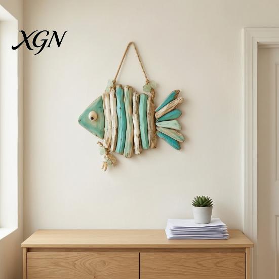 Housewarming Coastal Gifts Fish Handmade Wall Decor, Rustic Hanging Ornament with Sea Glass Nautical Ornaments Jute Rope, Bohemian Beach Style Art for