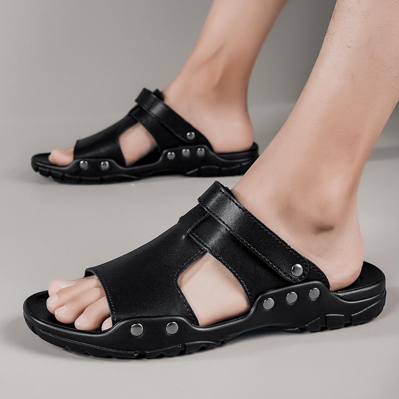 2024 Summer New Men's Versatile Fashion Two Wear Casual Leather Shoes Sandals Simple Outdoor Comfortable Anti Slip Beach Shoes