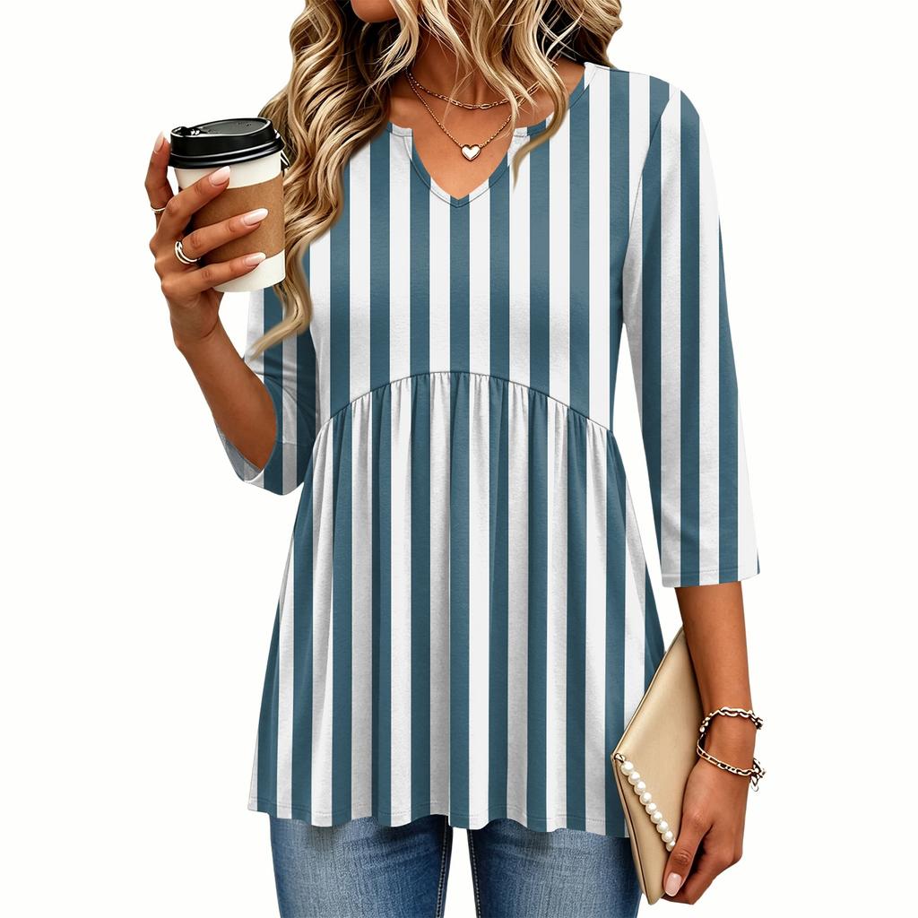 Damen Freizeitbluse mit Streifenmuster, V-Ausschnitt und Dreiviertelärm für die Arbeit oder den Alltag