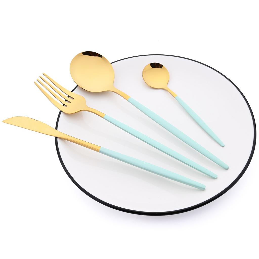 24Pcs Mint Gold Dinnerware Set Knife Fork Coffee Spoon Cutlery Western Stainless Steel Tableware Flatware Kiechen Silverware