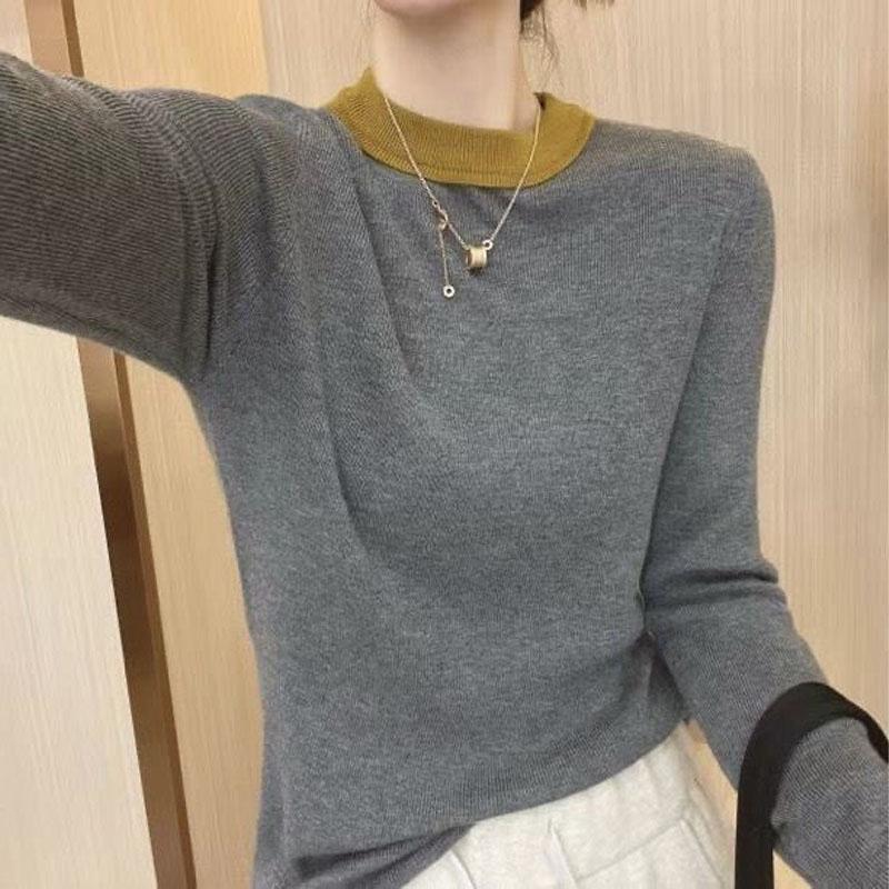 New Autumn Winter Fashion Korean Edition Contrast Round Neck Bottom Sweater Loose and Versatile Western Women's Knitted Top