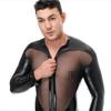 Men's Patent Leather Mesh Patchwork Erotic Bodysuit for Nightclub and Stage Performances