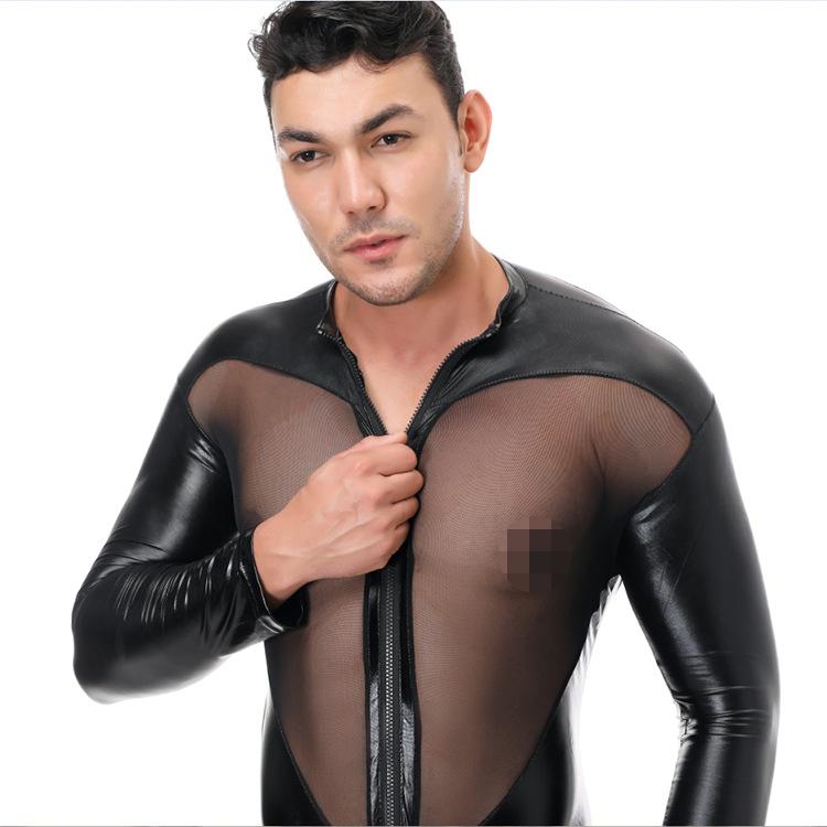 Men's Patent Leather Mesh Patchwork Erotic Bodysuit for Nightclub and Stage Performances