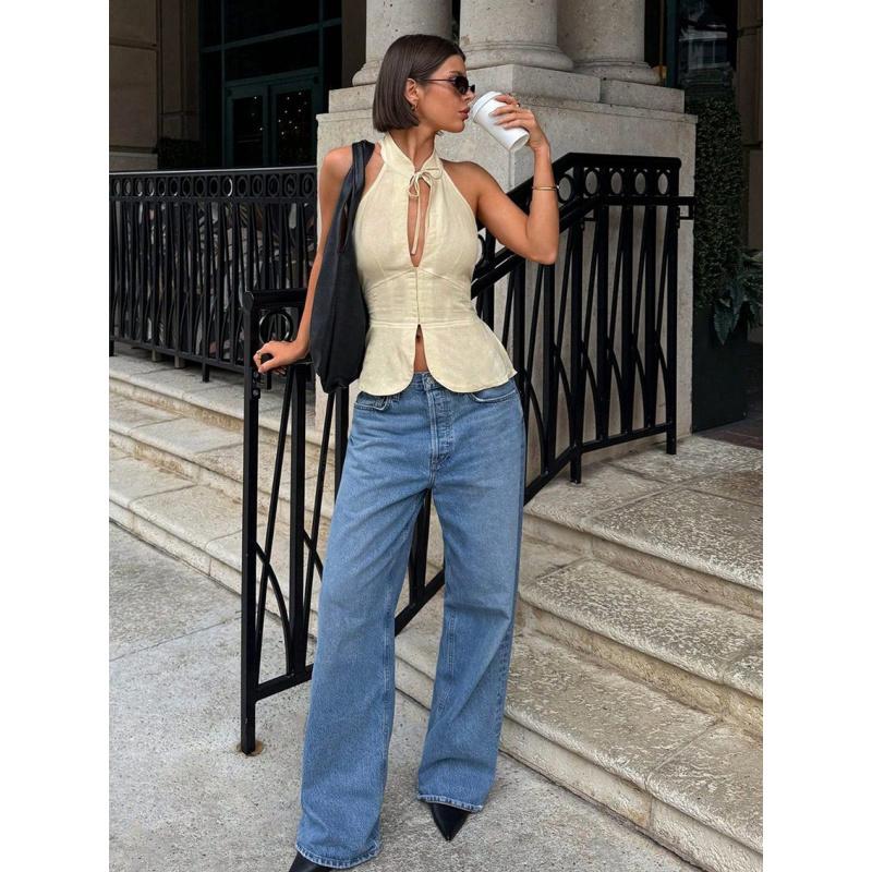 Summer New Vintage Style Halter Neck Off-Shoulder Slim-Fit Tank Top For Women Stylish Casual Girls Sleeveless Shirt