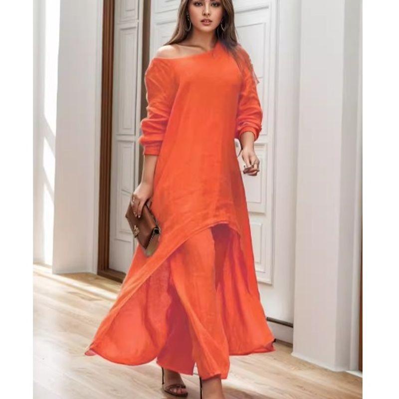

Fashion Autumn New Plus Size Women s Clothing Chubby Girl Fashion Casual Asymmetrical 3/4 Sleeve Tops Loose Pants Two-piece Set Orange Red 2XL