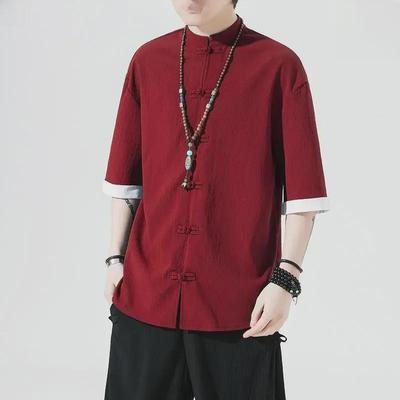 Men's Summer Chinese Tang-Style Linen Short-Sleeve Shirt, Ancient Hanfu Design