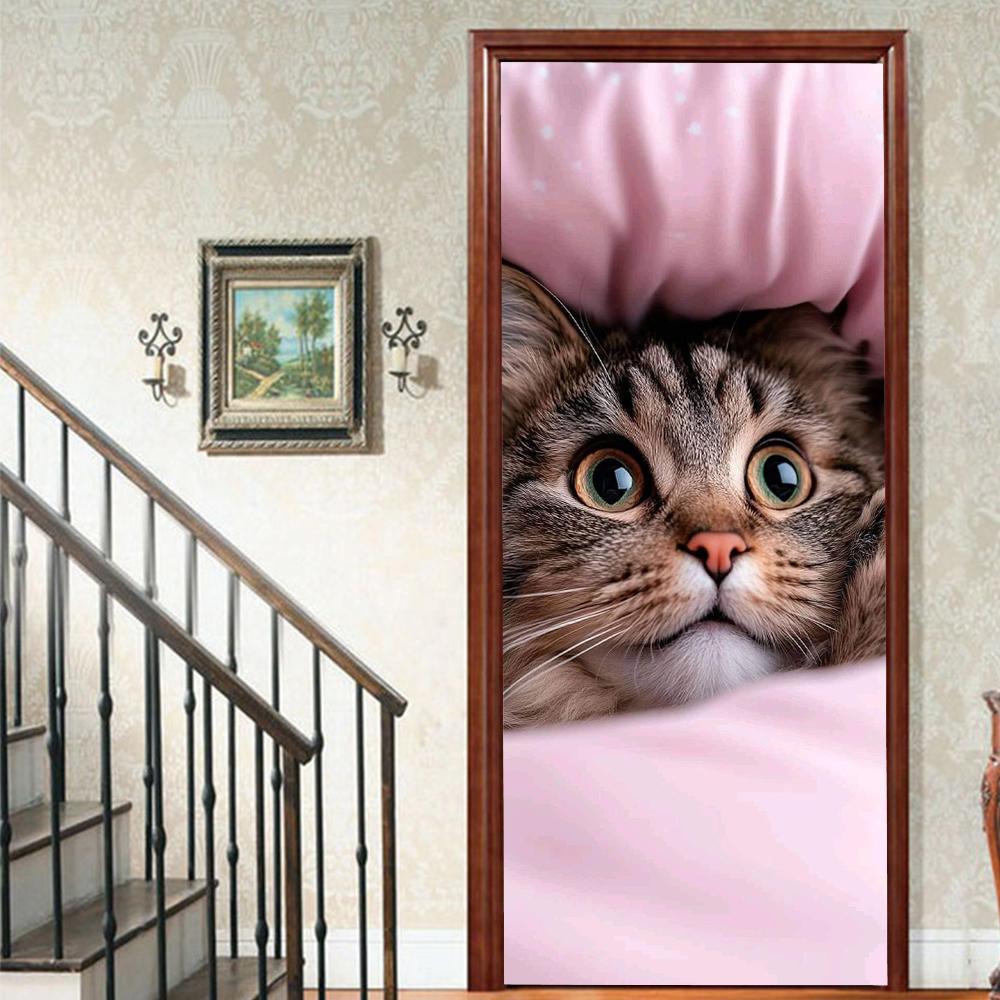 

1 шт. Мила наклейка на двері з вінілу з котиком для спальні, домашнього декору, самоклейна, знімна настінна наклейка, реновація дверей, водонепроникний постер 40x120cm