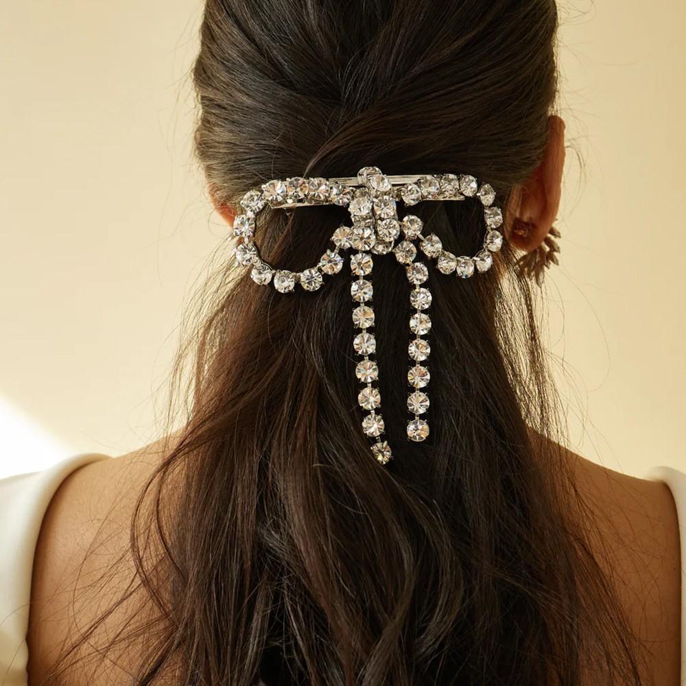 Shiny Rhinestone Bow Hairpins Elegant Tassel Spring Clip Fashion Bowknot Side Clip  Bride