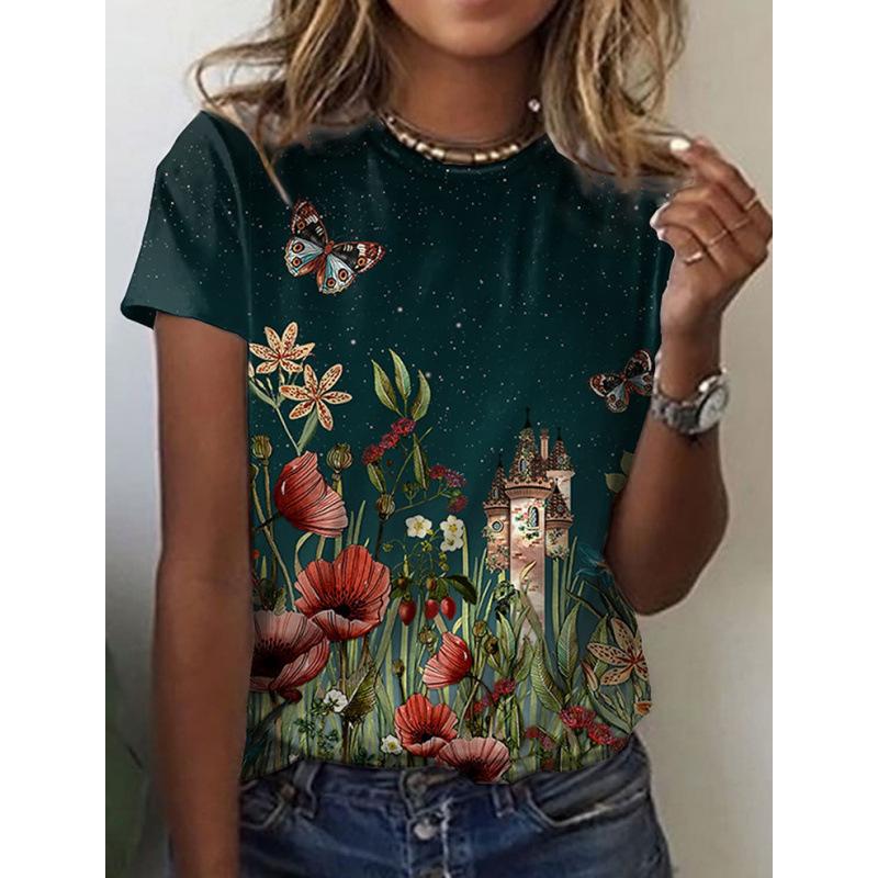 Women's Black Purple Butterfly Print Short Sleeve T-Shirt Casual Graphic Top