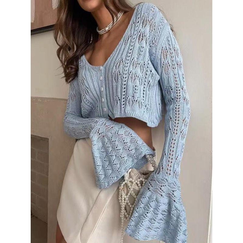 

Western Style Sexy Hollow out Flare Sleeve Knit cardigan Sweater Outerwear Sexy Hollow Knitted Top Sky Blue S
