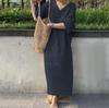 European and American new women's clothing, loose short-sleeved v-neck solid color large-size cotton and linen dress