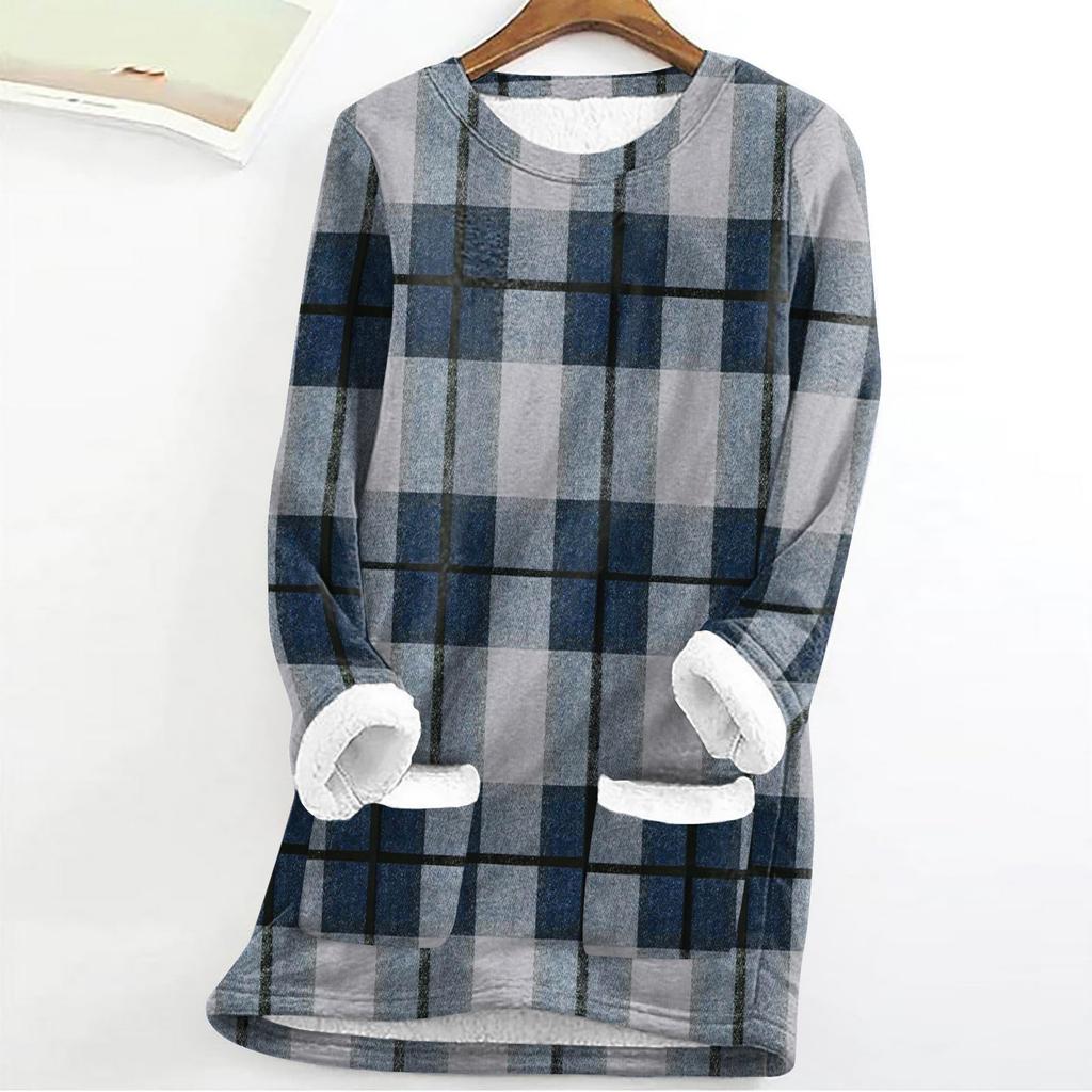 Women's Fashion Plaid Print Round Neck Long Sleeve Plush Winter Warm Pullover Top