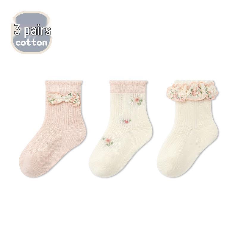 Spring/Summer Bow Baby Mesh Lace Cotton Socks - Breathable & Thin Princess Socks for Girls