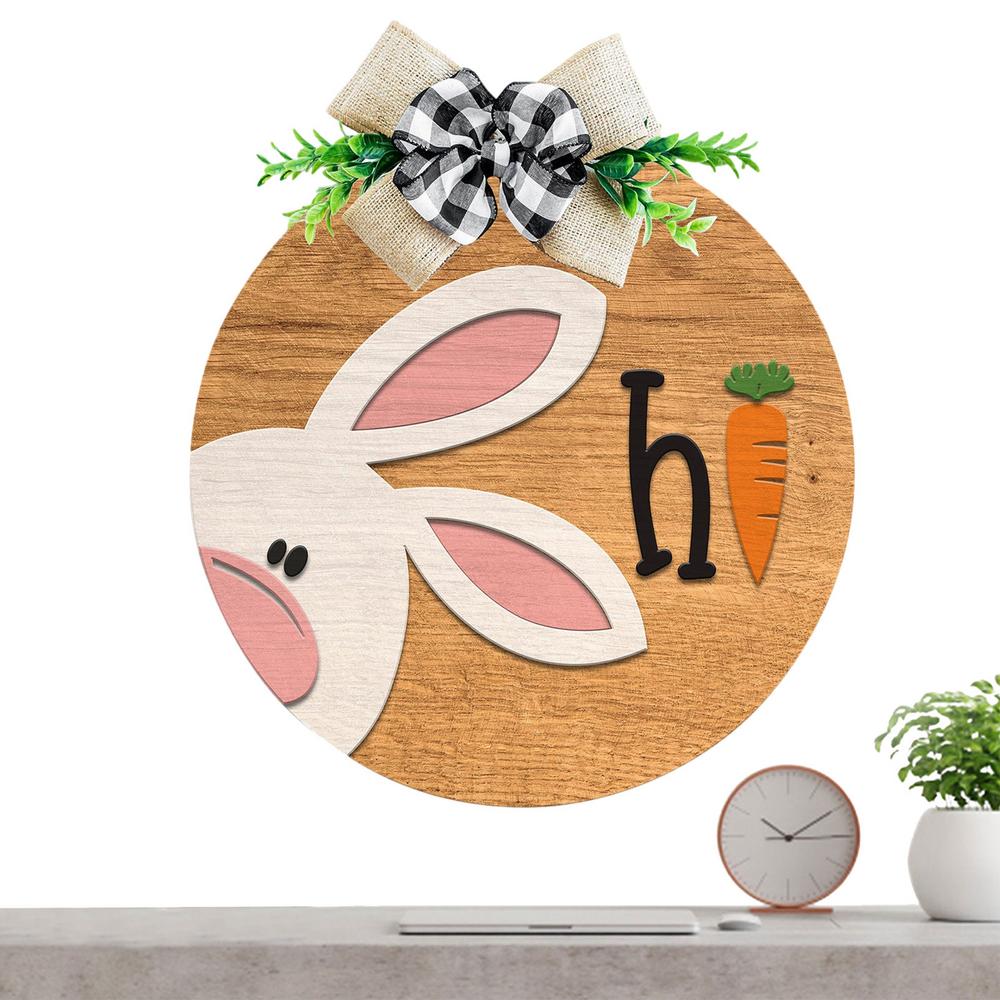 

Happy Easter Wooden Sign Wooden Rabbit Sign Easter Door Sign With Fake Plants And Bows Cute Rabbit Wall Decor For Front Door