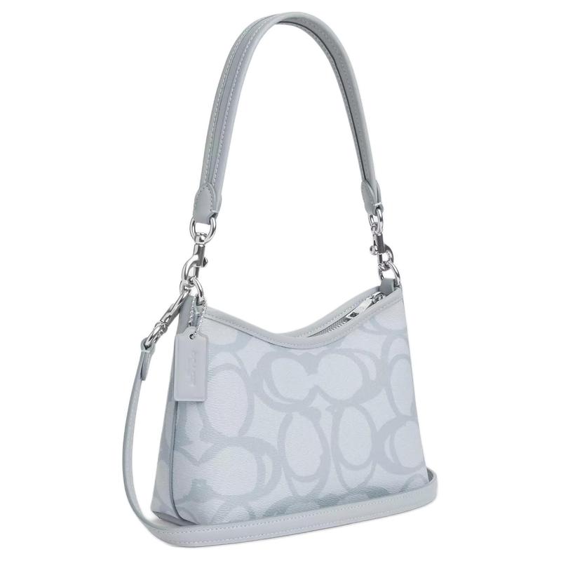 Coach Laurel 19 Silver Metal Logo Double Strap Coated Canvas Shoulder Bag Small Women Ice Blue