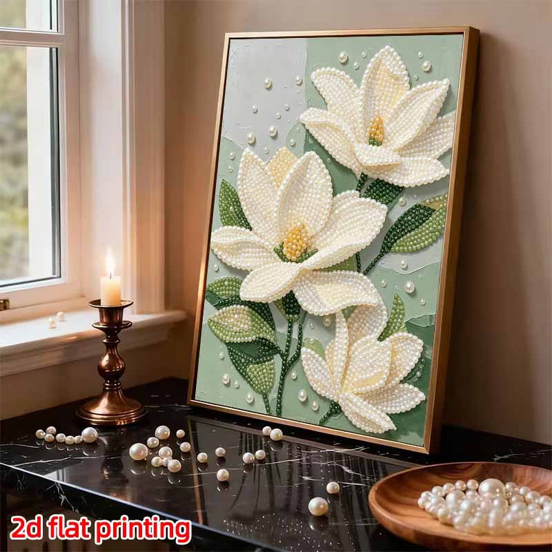 Unique 5D Framed Pearl Painting Kit with White Magnolia Flower Sparkling Bead Art Canvas DIY Handmade Craft for Living Room Decor