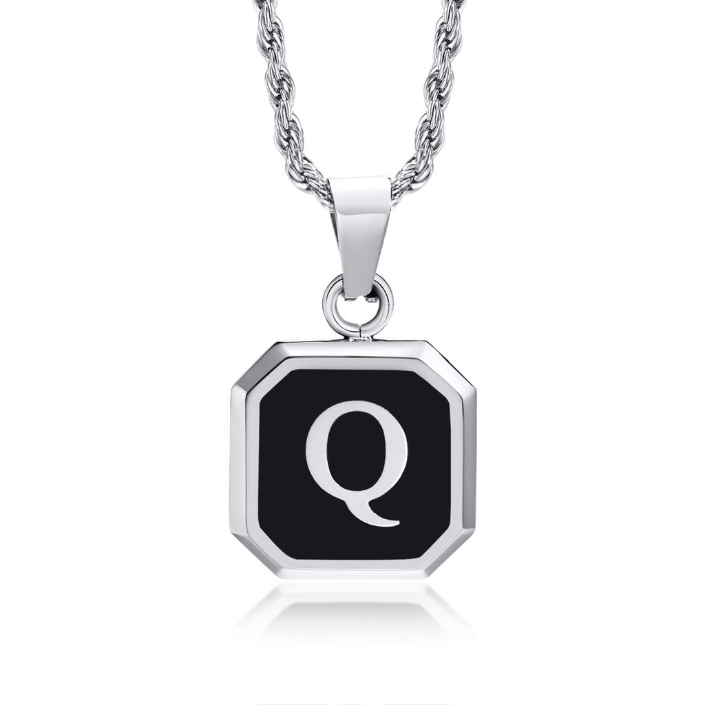 Initials Necklaces for Men Women,A-Z 26 Letters Black Square Stainless Steel Pendant Collar,45-60CM Twisted Rope Chain Gifts