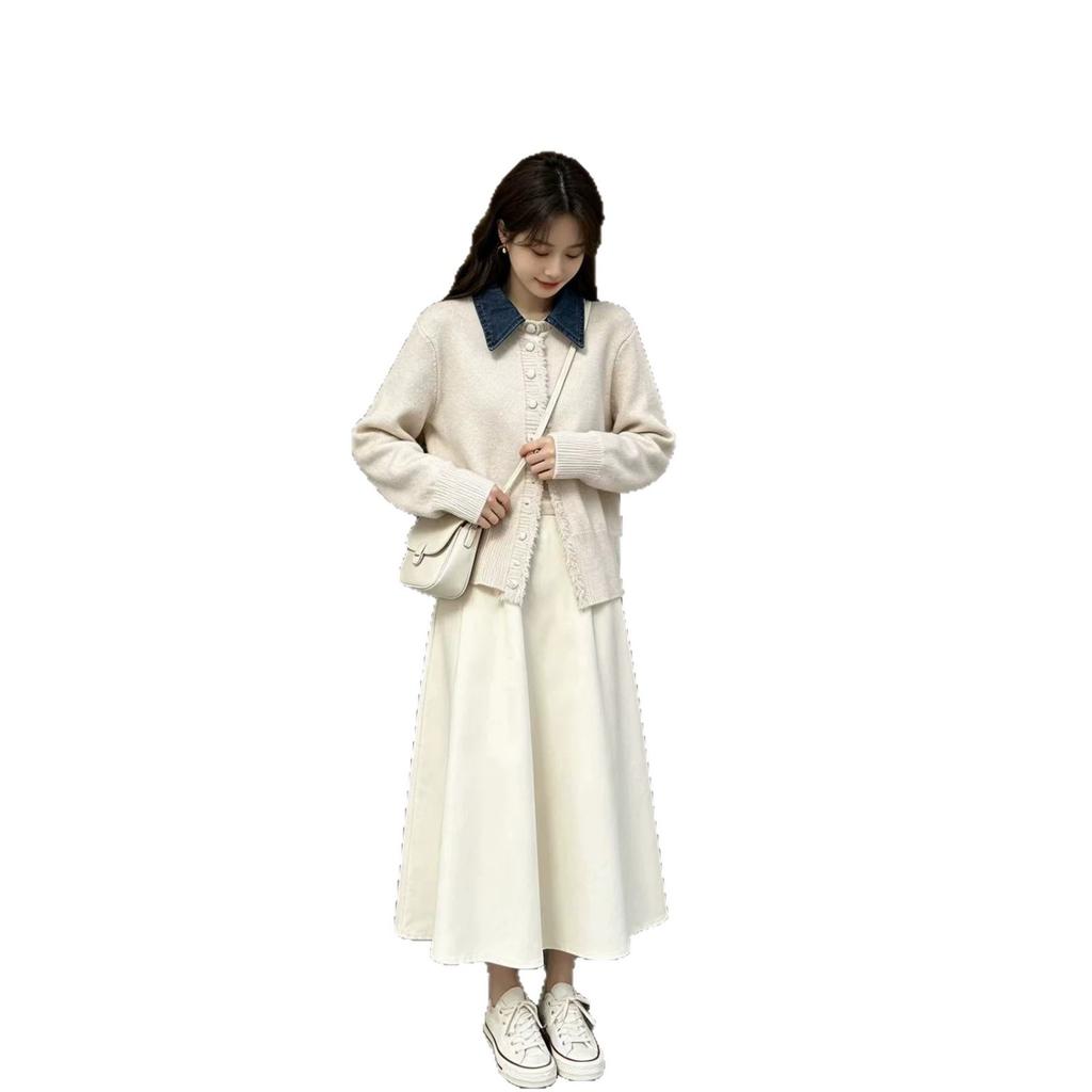 Retro denim splicing fake two-piece sweater jacket women's clothing autumn and winter new design lapel age-reducing knitted cardigan