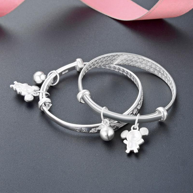 Korean Children's Cartoon Zodiac Bracelet S999 Silver Baby Bracelet, A Pair of Dragon and Phoenix Auspicious Full Moon Bracelets