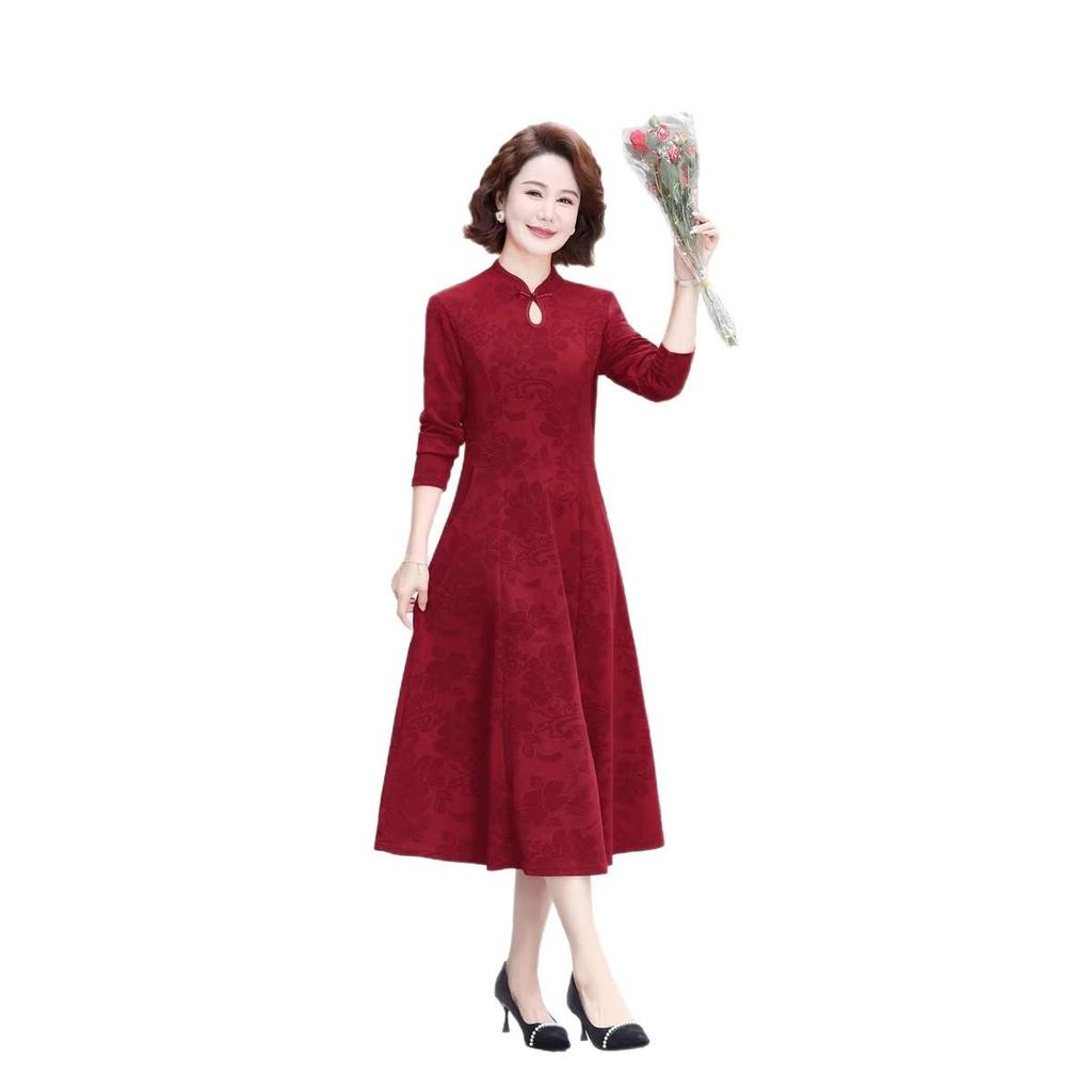 Elegant Jacquard Slimming Long Sleeve Cheongsam Midi Dress for Formal Occasions and Weddings