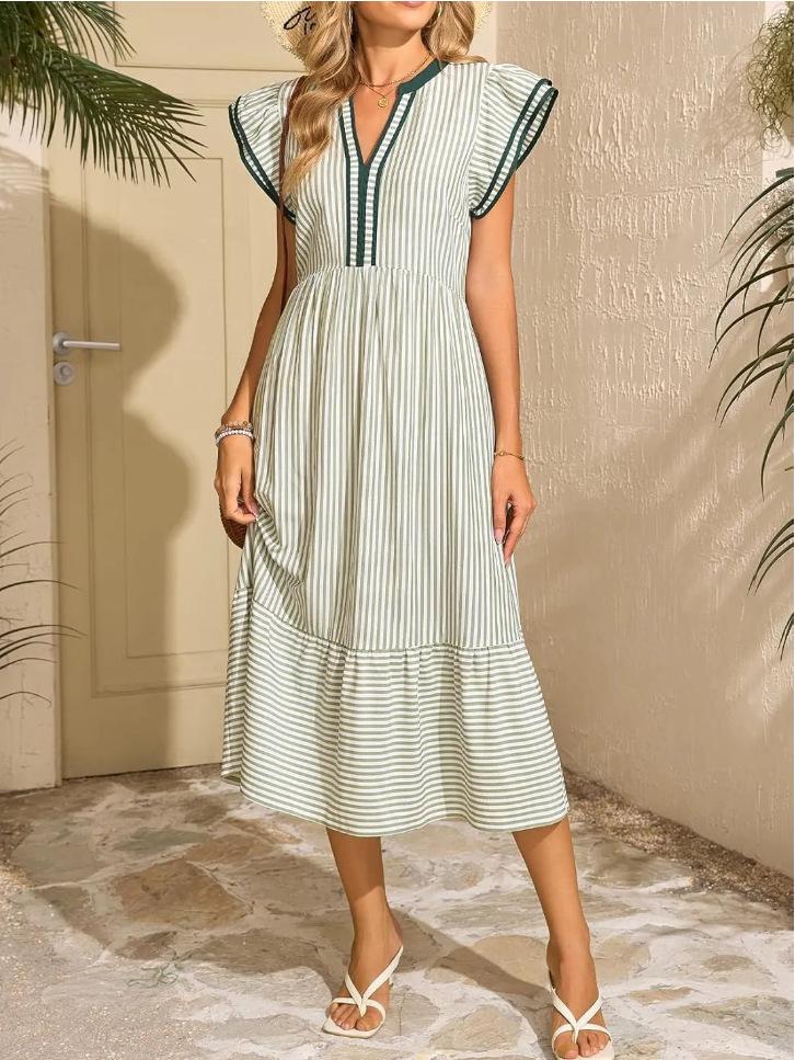 2026 European & American Fashion Women's Striped Double Ruffle Short Sleeve Color Block V-neck Skirt