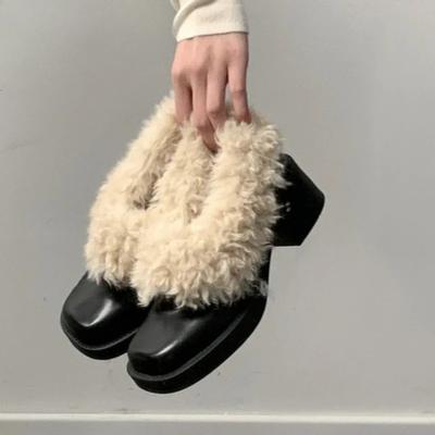 Women's Furry Lambwool Mary Jane Shoes Autumn Winter Keep Warm Plush Women's Thick Heel Shoes  Elegant Square Toe Leather Shoes