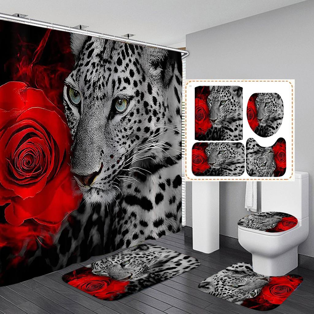 4Pcs Leopard Series Shower Curtain Sets for Bathroom Non-Slip Bathroom Rugs Lid Toilet Cover Bath Mat
